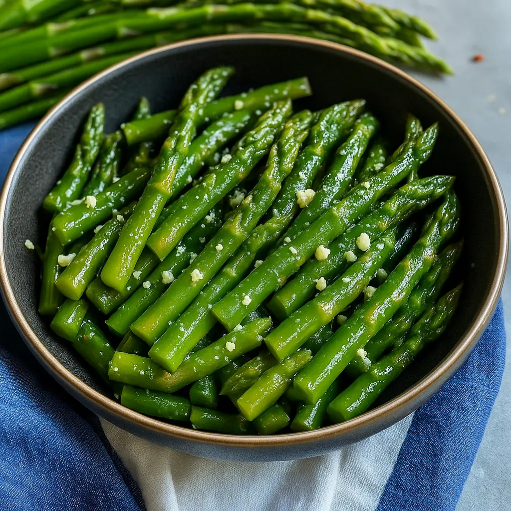 Sautéed asparagus served with garlic and Parmesan in a bowl