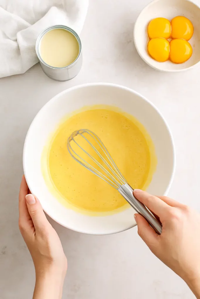 What are the three ingredients in Brazilian manjaro? 9 Brazilian Manjaro ingredients being whisked with egg yolks in a white bowl