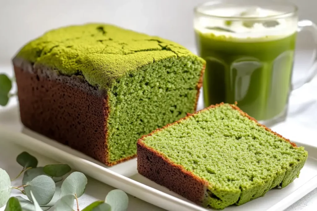 Matcha Pound Cake Recipe loaf served with iced matcha latte