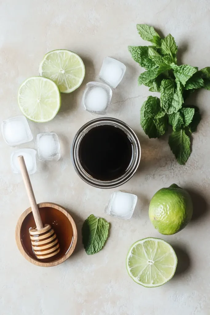 Mounjaro Weight Loss Coffee Mocktail You’ll Instantly Love 9 Flat lay of Mounjaro mocktail ingredients: lime, honey, mint, ice, cold brew