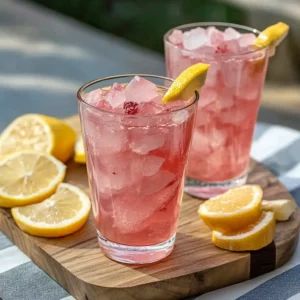 pink salt drink recipe with lemon slices and ice cubes