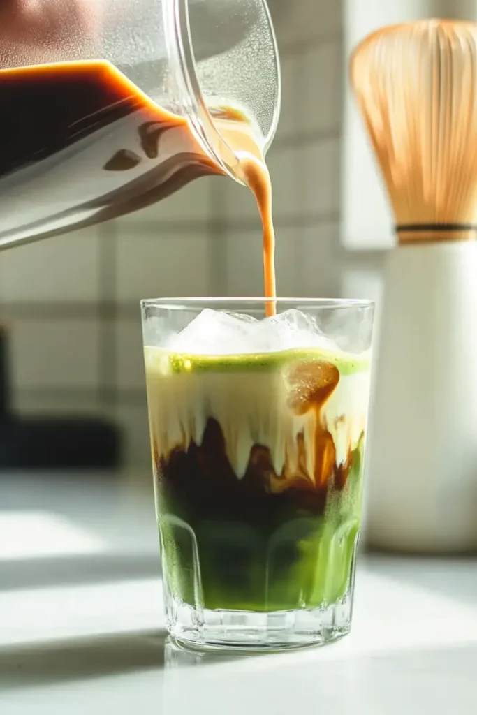 Matcha Coffee Recipe That Will Surprise Your Morning Routine 12 Pouring espresso into iced matcha coffee for a layered drink
