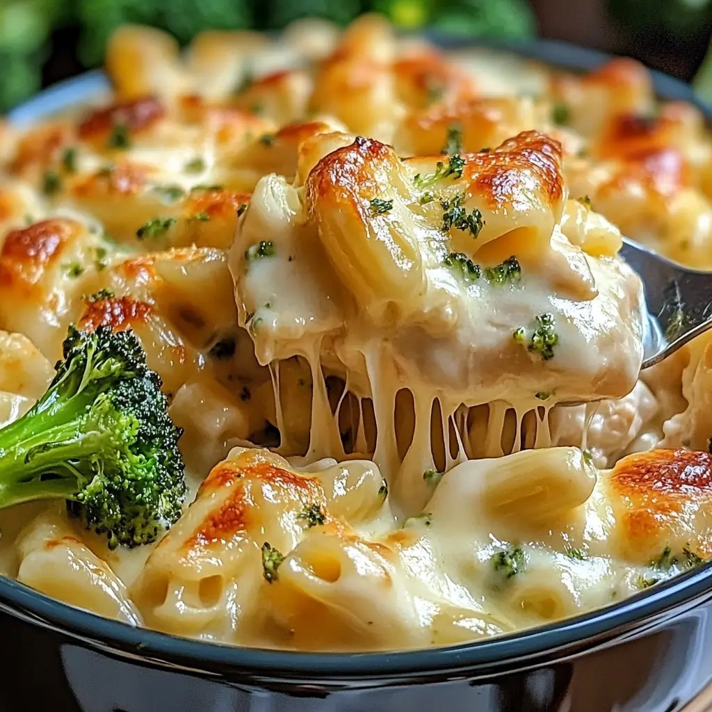 cheesy chicken and broccoli alfredo bake in a bowl