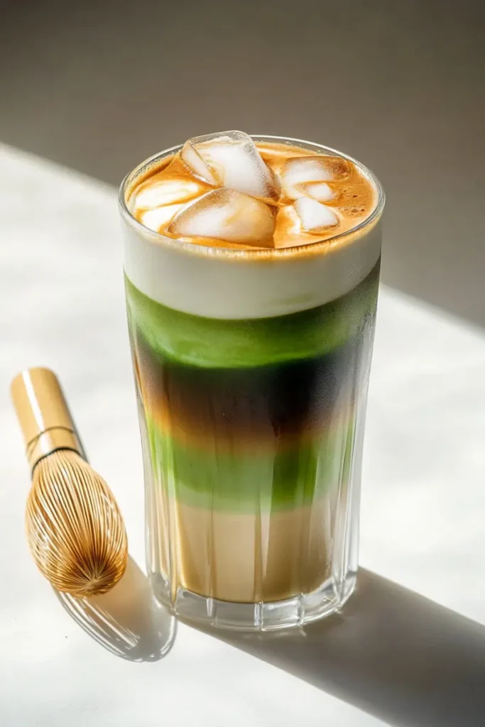 Matcha Coffee Recipe That Will Surprise Your Morning Routine 13 Layered iced matcha coffee in tall glass with ice and foam
