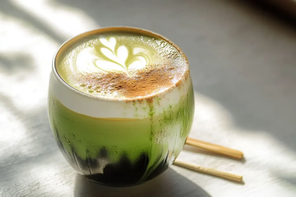 Matcha latte art in a small round glass topped with foam and cinnamon