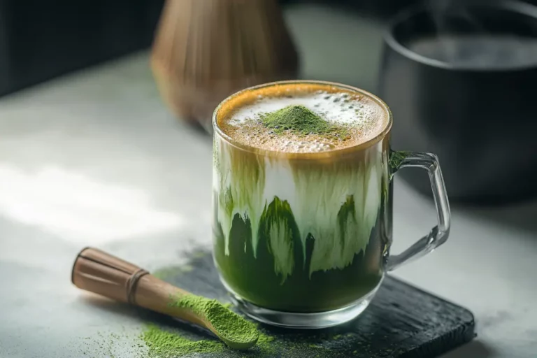 Matcha Coffee Recipe That Will Surprise Your Morning Routine 14 Creamy iced matcha coffee in glass mug with matcha powder on top