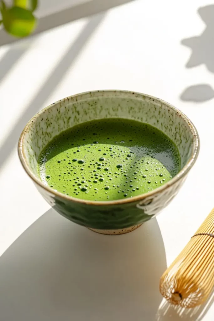 Matcha Coffee Recipe That Will Surprise Your Morning Routine 11 Frothy whisked matcha tea in traditional ceramic bowl