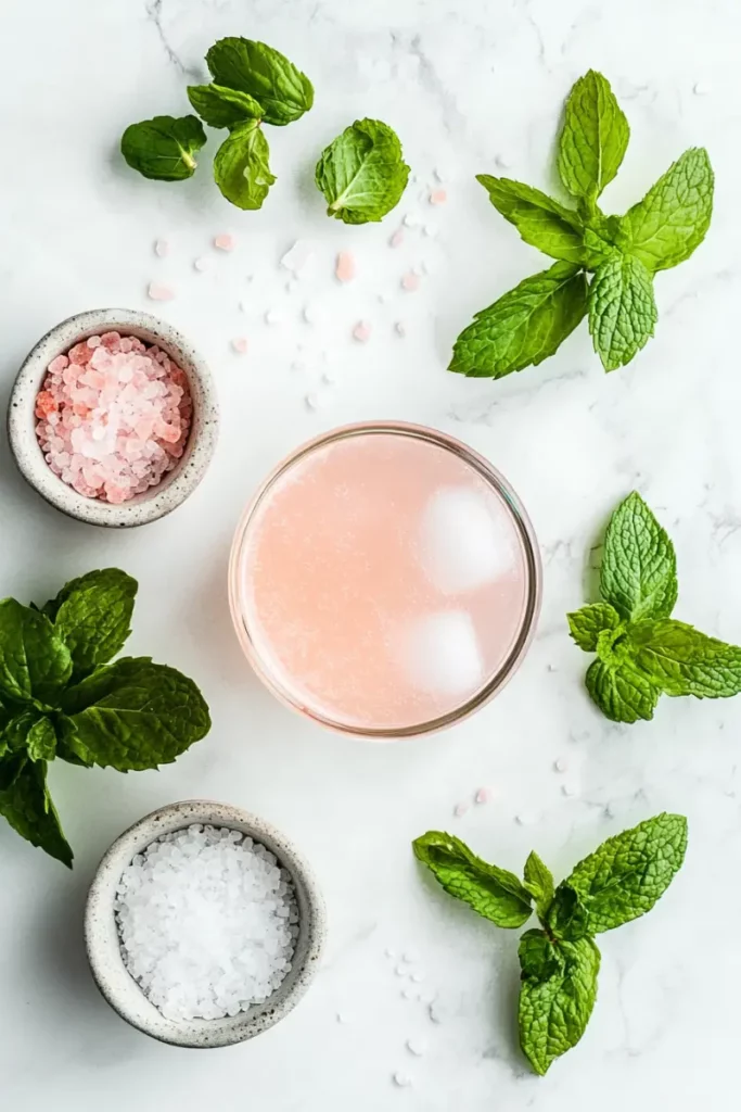 What Makes This Pink Salt Trick Recipe So Powerful? 9 Himalayan salt water with mint on white marble background