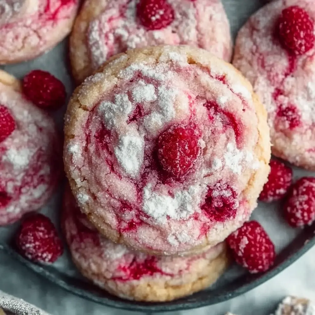 Raspberry cookies topped with powdered sugar and fresh raspberries