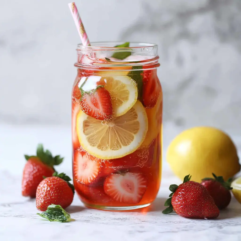 low calorie strawberry lemon water for weight loss in glass with fresh mint