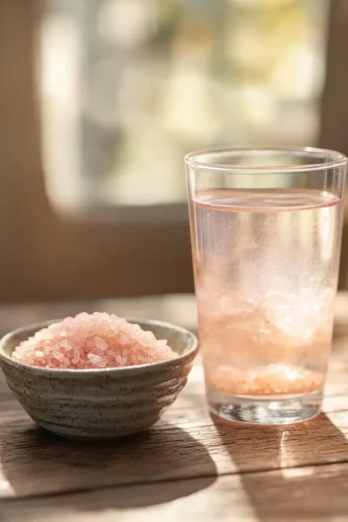What Makes This Pink Salt Trick Recipe So Powerful? 10 Glass of pink salt water with bowl of Himalayan salt on wooden table