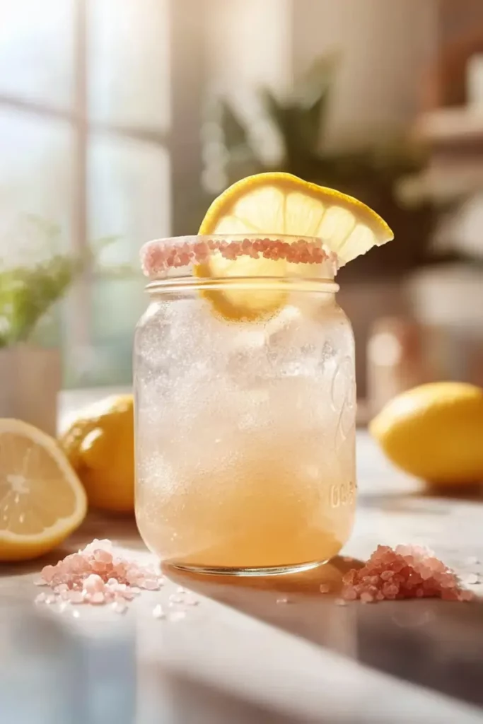Homemade Mounjaro Recipe with Pink Salt: Natural Detox for Daily Use 9 Homemade Mounjaro Recipe with Pink Salt iced and lemon slice rimmed in bright kitchen