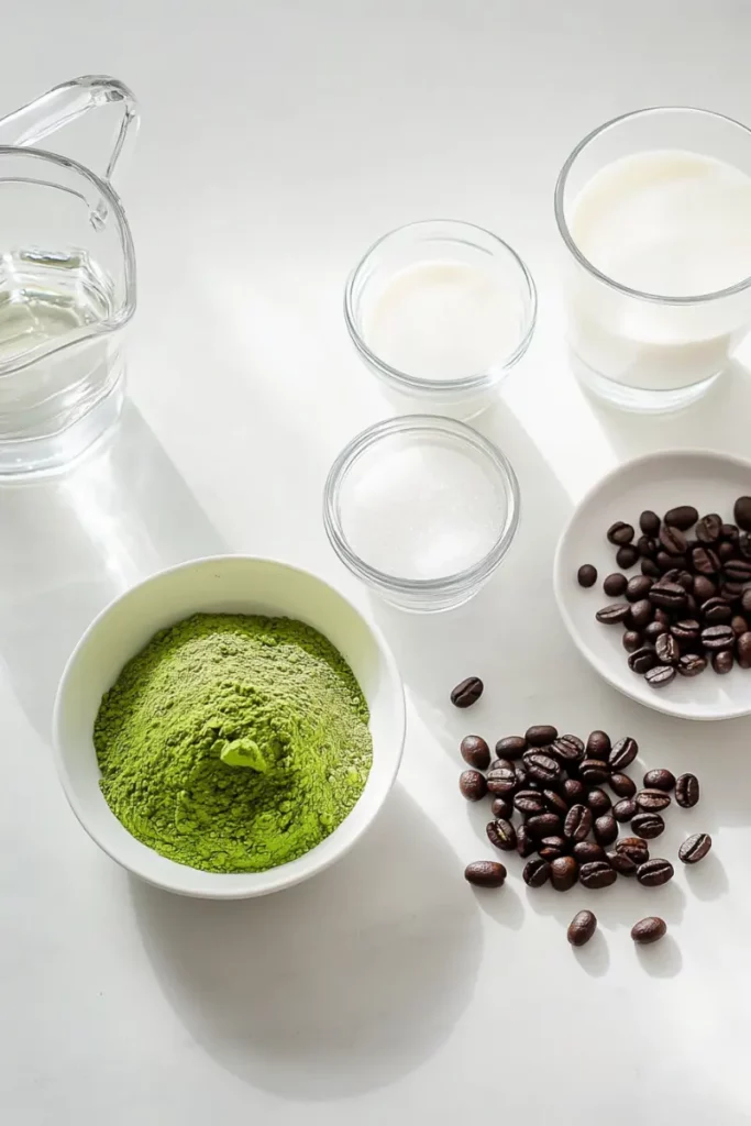 Matcha Coffee Recipe That Will Surprise Your Morning Routine 9 Ingredients for matcha coffee recipe laid out on white counter