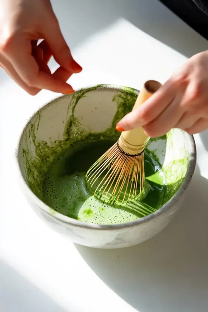 Matcha Coffee Recipe That Will Surprise Your Morning Routine 10 Whisking matcha tea in rustic ceramic bowl by hand
