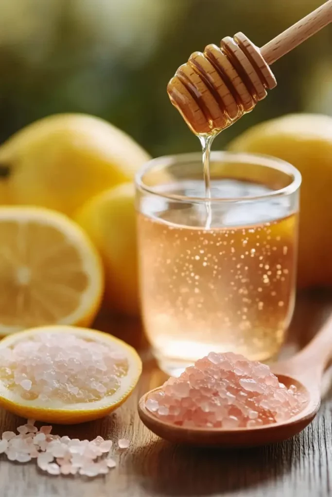 What Makes This Pink Salt Trick Recipe So Powerful? 11 Honey being added to a pink salt detox drink with lemon