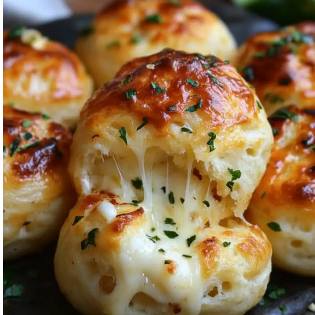 Pillsbury biscuit garlic butter cheese bombs with melted mozzarella and golden tops