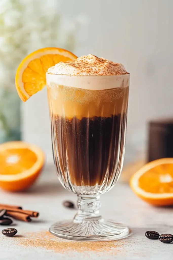 Mounjaro Weight Loss Coffee Mocktail You’ll Instantly Love 8 Glass of Mounjaro weight loss coffee mocktail with foam and orange slice garnish on bright surface