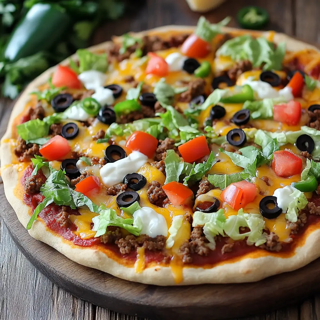 taco pizza recipe served on wooden board with toppings