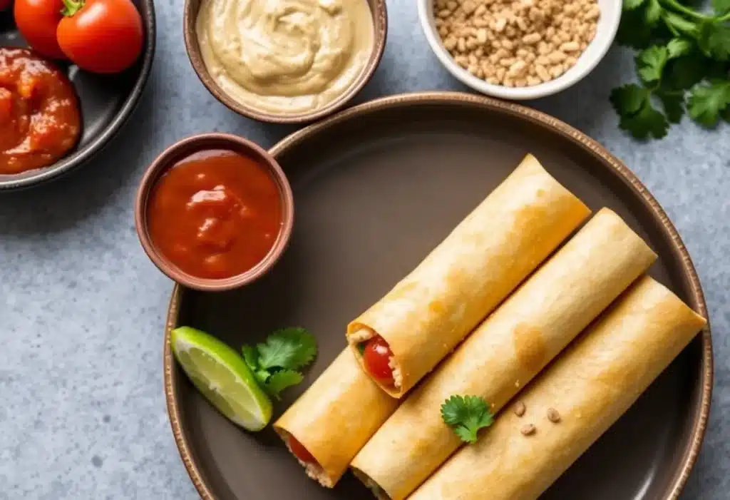 Gluten-free chicken taquitos with salsa and guacamole