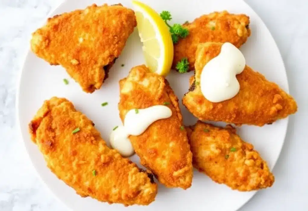 Air fryer chicken tenders with dipping sauce on serving board