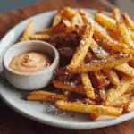 Serving of golden baked jicama fries with dipping sauce