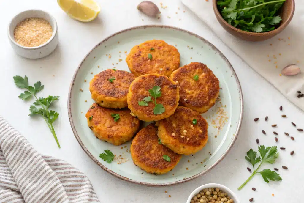 Sweet potato quinoa cakes with crispy edges served on a plate