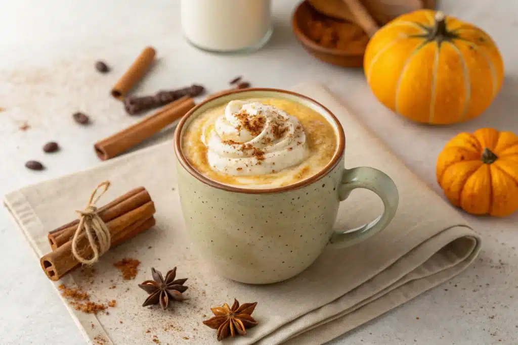 Healthy Homemade Pumpkin Spice Latte in cozy fall setting with cinnamon and pumpkins