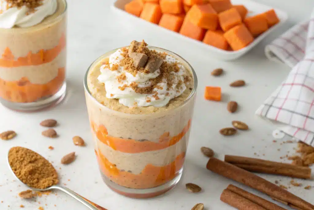 Carrot cake smoothie in a glass topped with cinnamon
