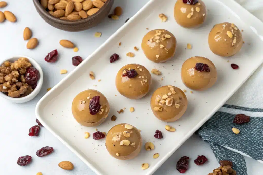 Healthy peanut butter balls neatly arranged on a white ceramic tray