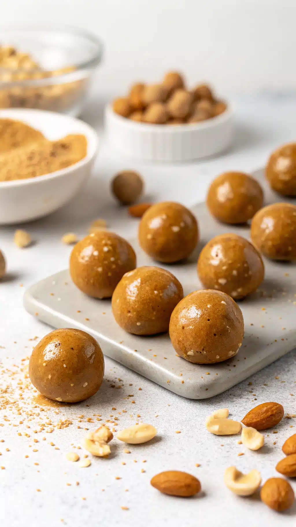 Healthy Peanut Butter Balls You’ll Want to Eat Daily 1 Healthy peanut butter balls topped with cranberries and chopped almonds on a rectangular plate