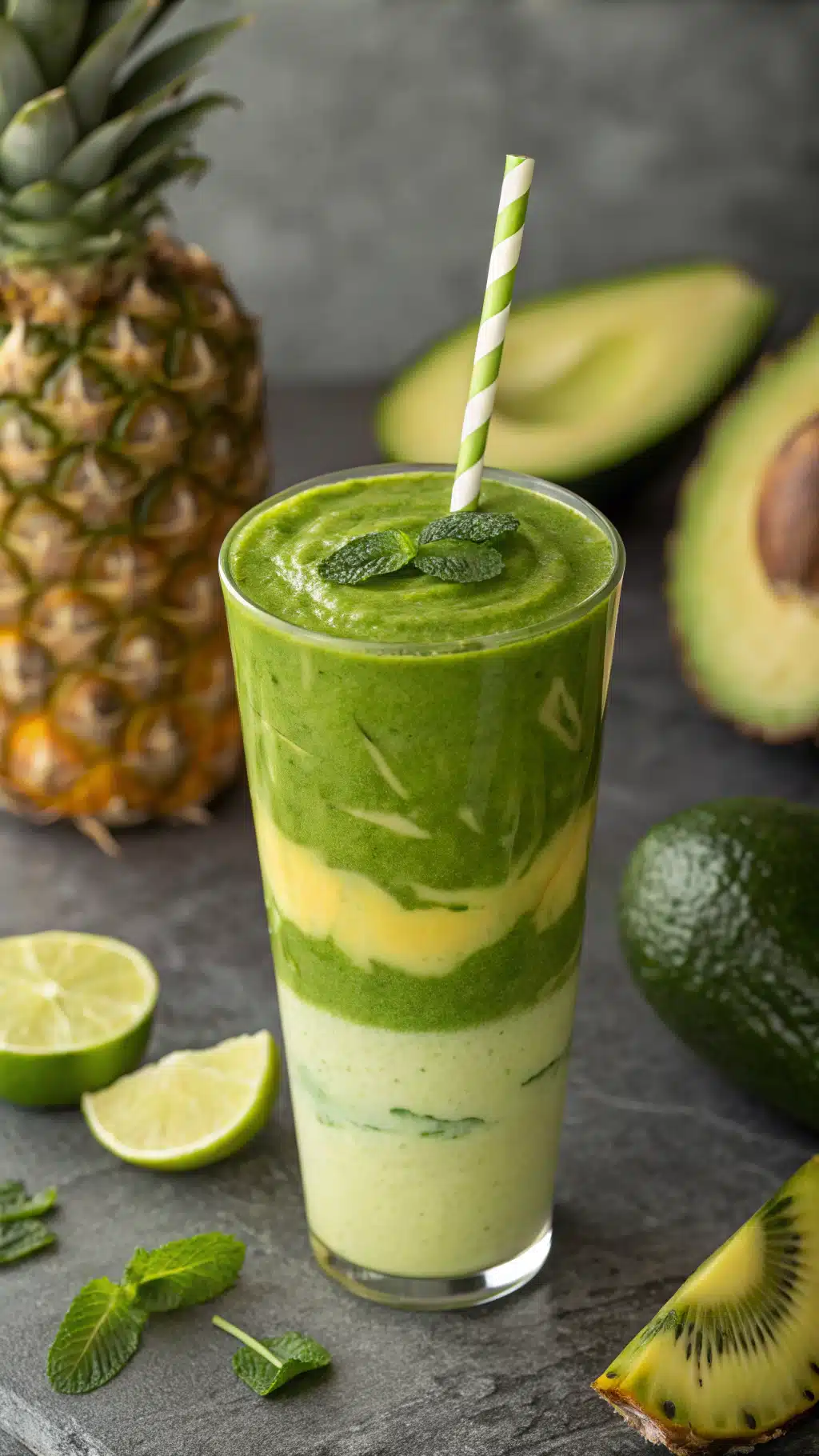 Tropical Green Smoothie Recipe That Tastes Like Vacation – No Dairy, No Sugar 1 Tropical Green Smoothie in layered glass with lime and pineapple