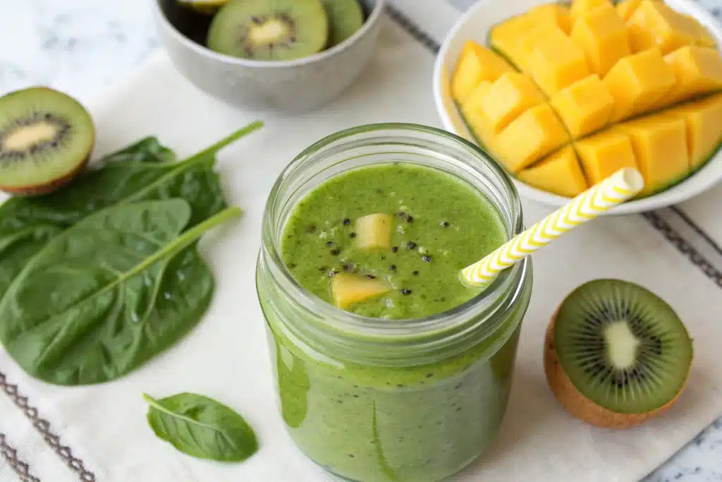 Tropical Green Smoothie with spinach, mango, and coconut water