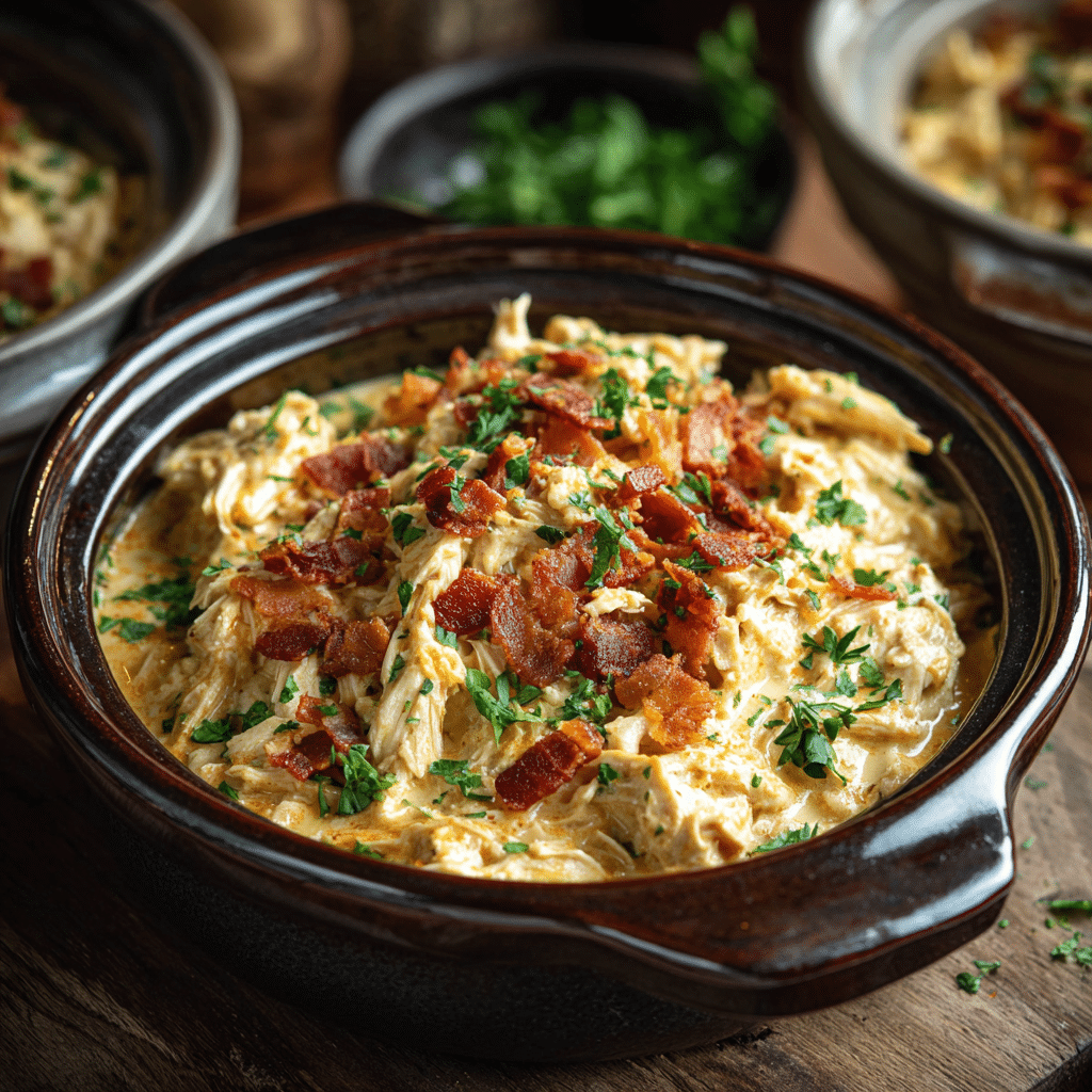 Crock Pot Keto Crack Chicken in rustic slow cooker with bacon