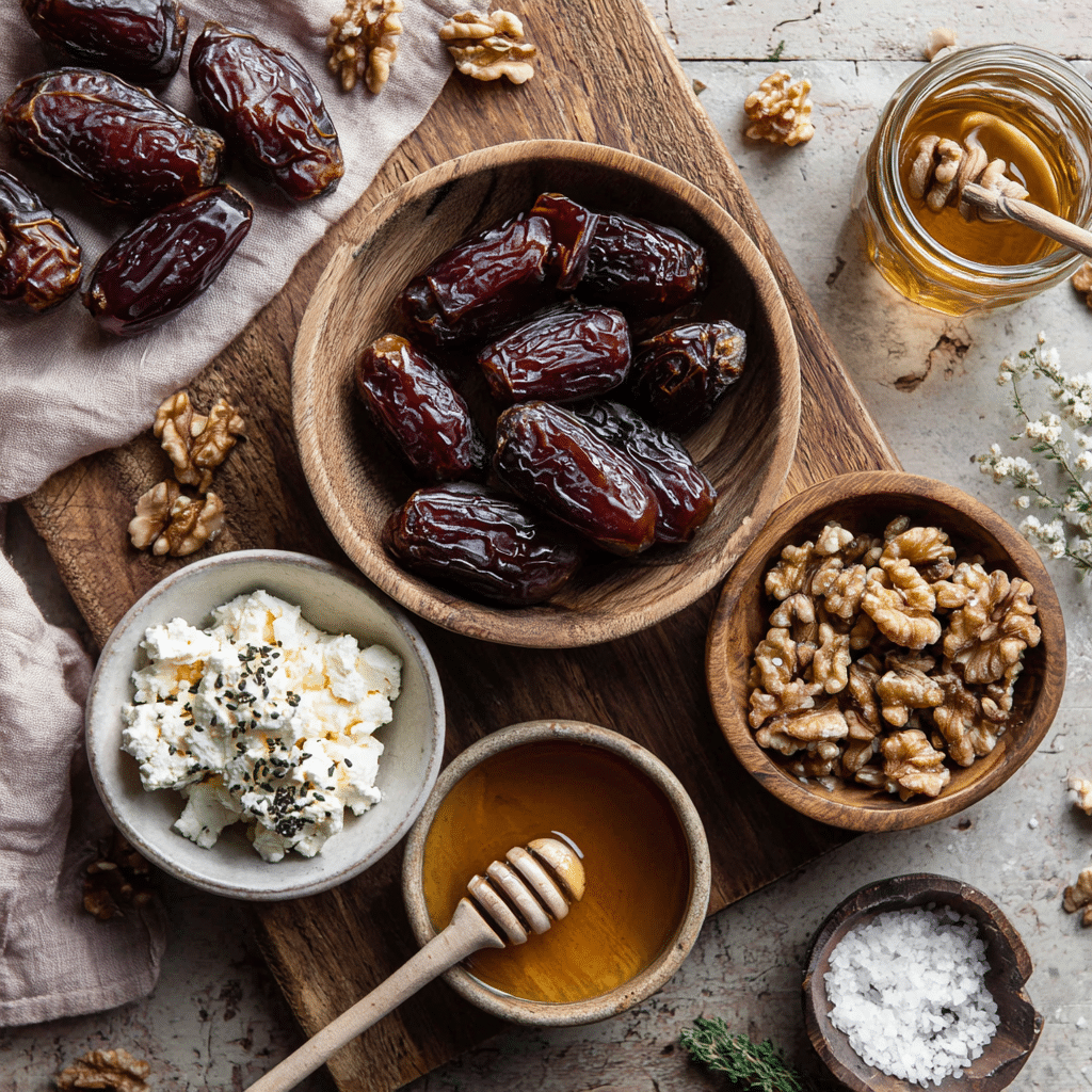 Goat Cheese Stuffed Dates That Wow in Minutes 3 Goat Cheese Stuffed Dates ingredients displayed on rustic table