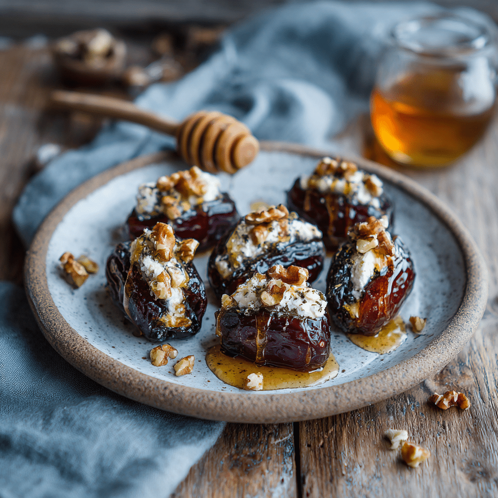 Goat Cheese Stuffed Dates That Wow in Minutes 5 Goat Cheese Stuffed Dates with walnuts and honey on ceramic plate