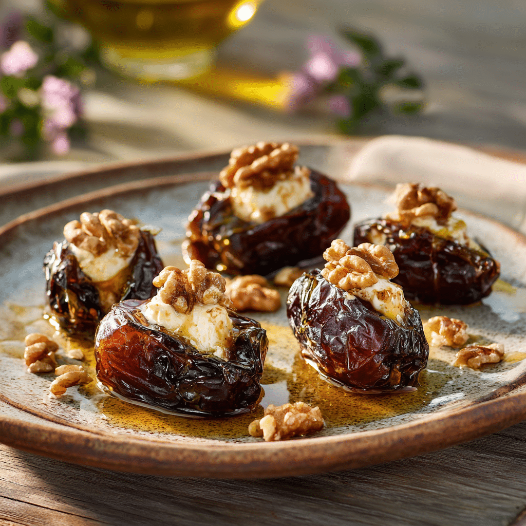 Goat Cheese Stuffed Dates on white plate with walnuts and honey