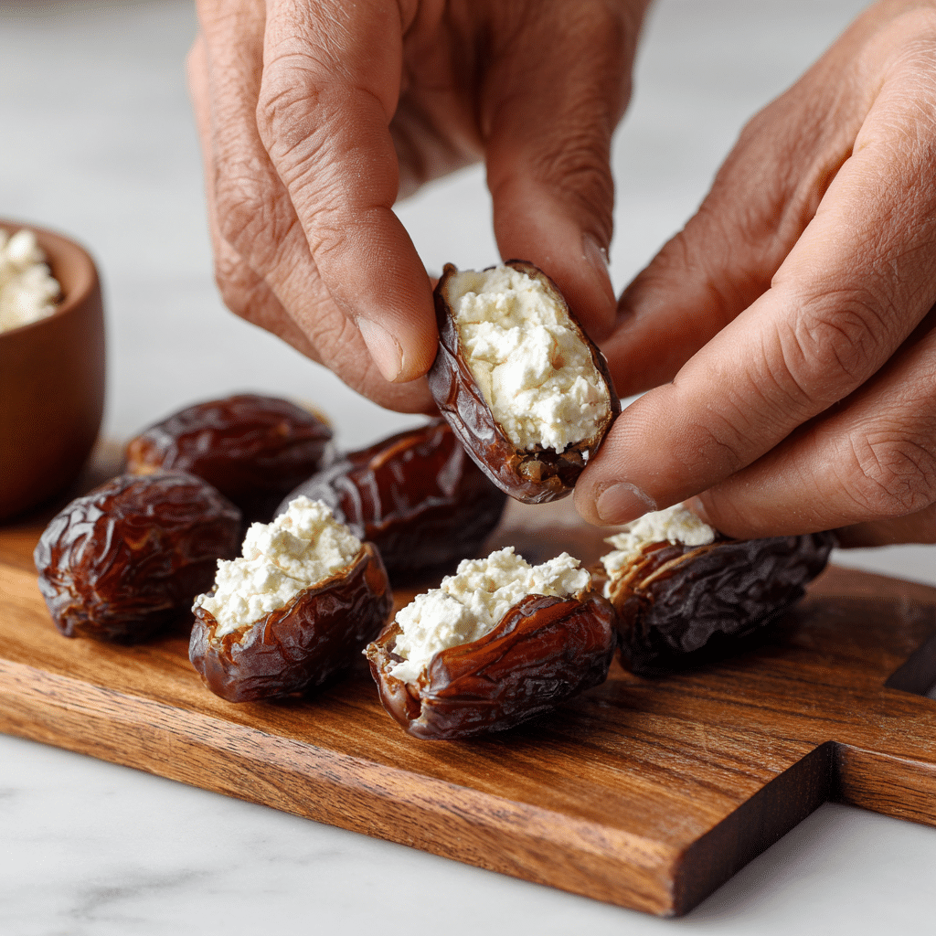 Goat Cheese Stuffed Dates That Wow in Minutes 4 Goat Cheese Stuffed Dates being filled by hand on wooden board