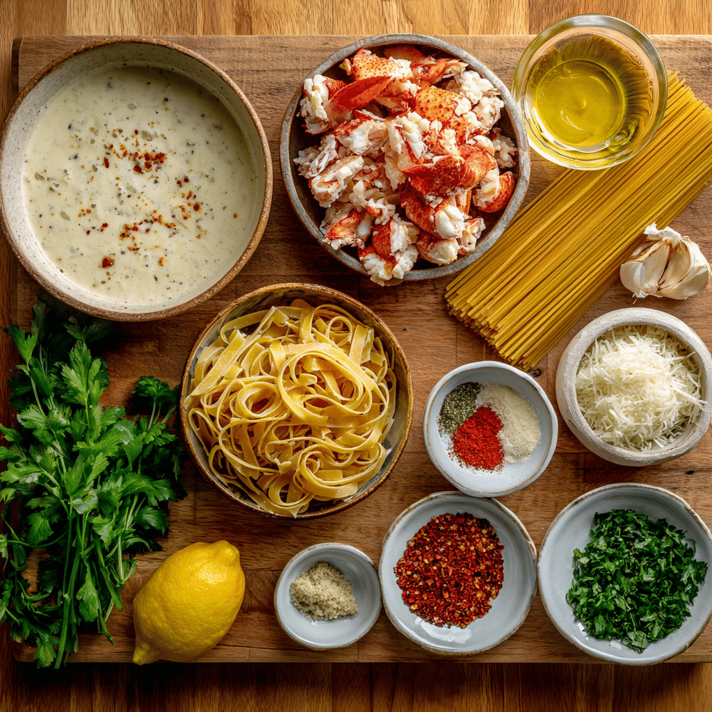 Creamy Spicy Lobster Pasta Recipe for a Quick Fancy Dinner 3 lobster pasta recipe ingredients flat lay with lobster, pasta, cream, and spices