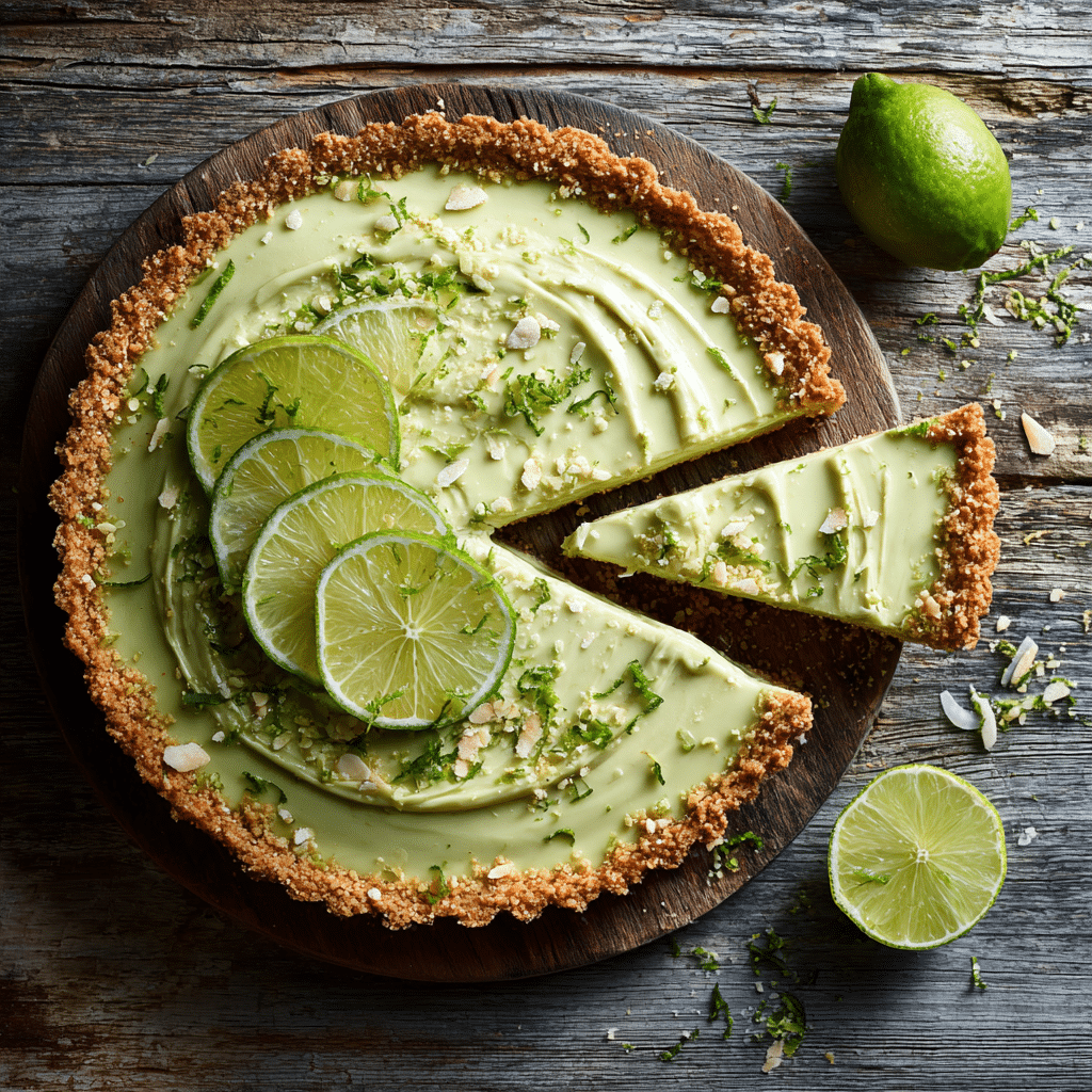 Sliced creamy avocado lime tart with almond crust