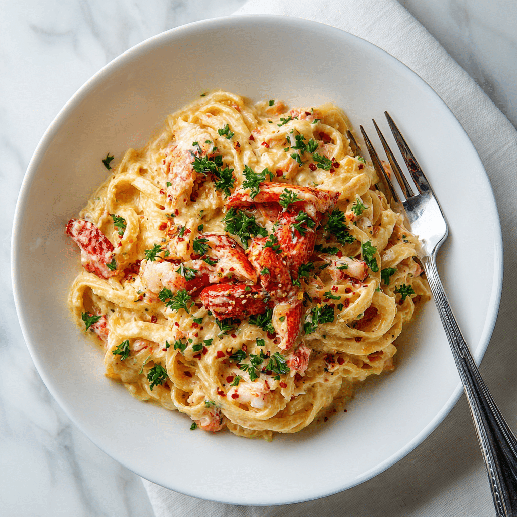 Creamy Spicy Lobster Pasta Recipe for a Quick Fancy Dinner 1 lobster pasta recipe close-up in white bowl with chili flakes and parsley