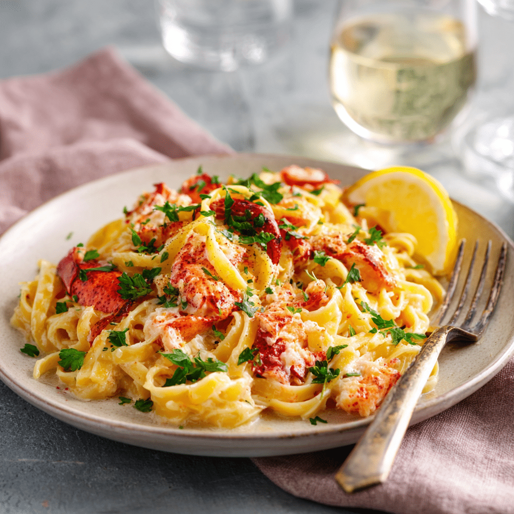lobster pasta recipe plated with lemon and parsley on a ceramic plate
