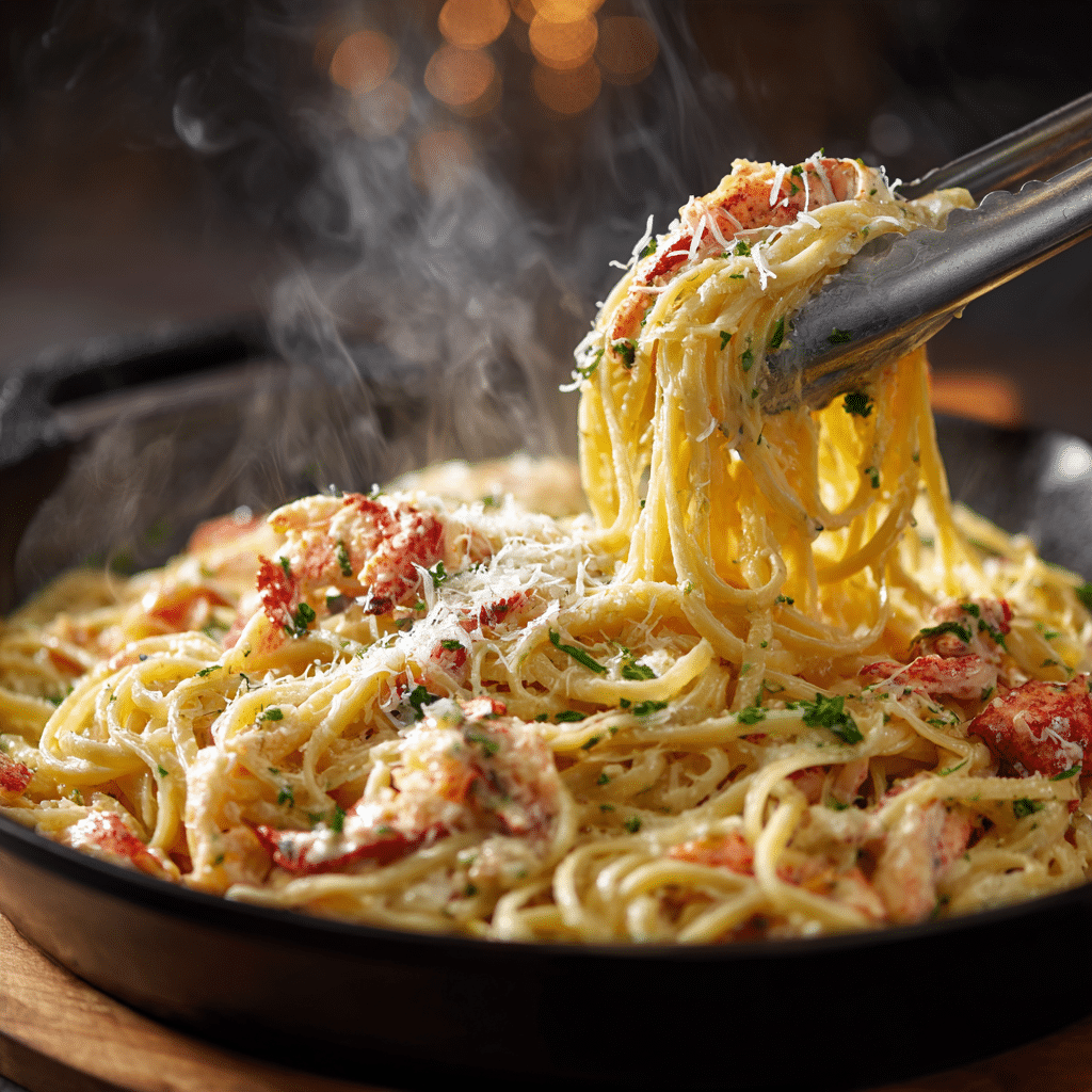 Creamy Spicy Lobster Pasta Recipe for a Quick Fancy Dinner 4 lobster pasta recipe tossed in creamy sauce with steam rising