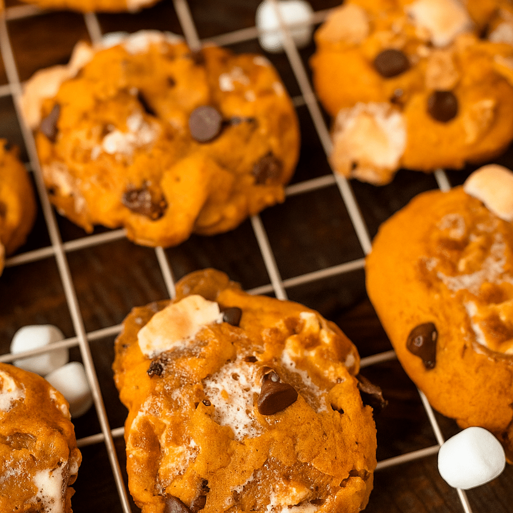 Pumpkin Recipes for Fall 2025: Sweet & Savory Ideas 6 Freshly baked Pumpkin S'mores Cookies with gooey marshmallows and melted chocolate chips on a cooling rack.