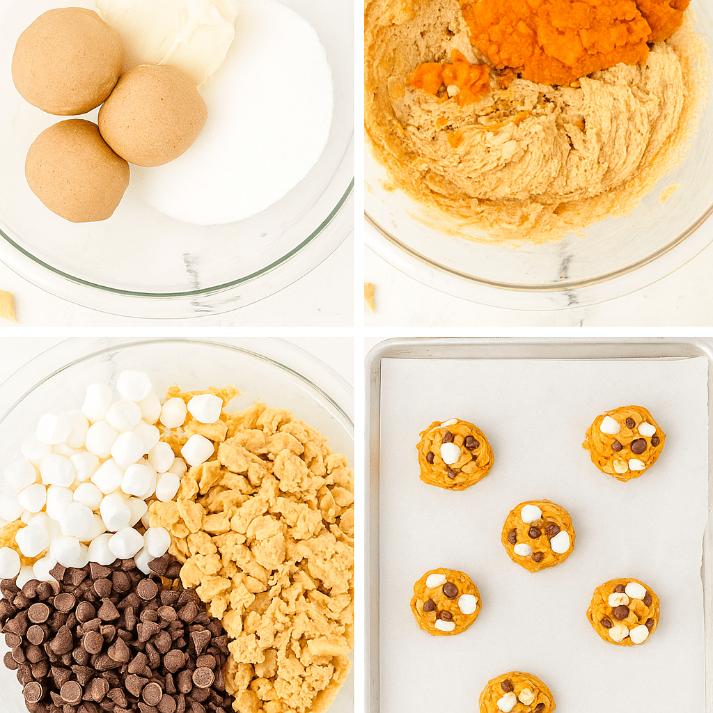 Pumpkin s'mores cookies taste of home 3 Pumpkin S'mores cookies dough with marshmallows, chocolate chips, and pumpkin puree in mixing bowls before baking.