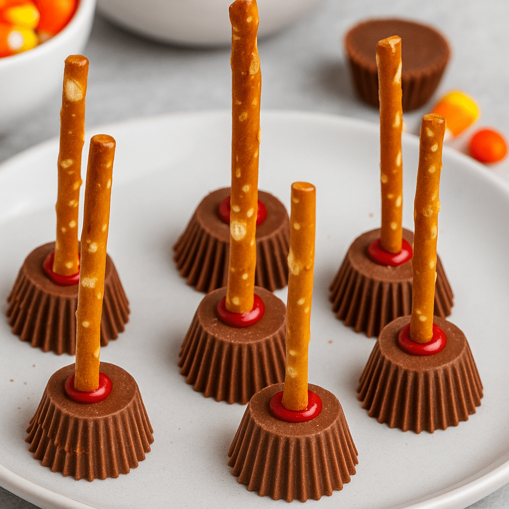 Halloween Appetizers (Witch Broomstick Snacks & Spider Web Dip) 3 Halloween edible witch broomsticks made with pretzel sticks and peanut butter cups