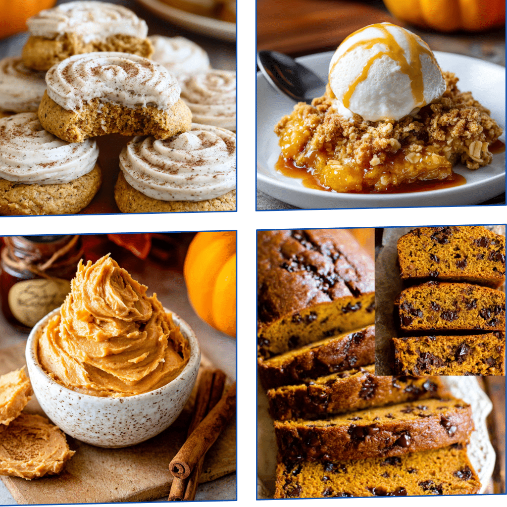 Collage of pumpkin recipes including bread, cookies, crisp, truffles, and latte