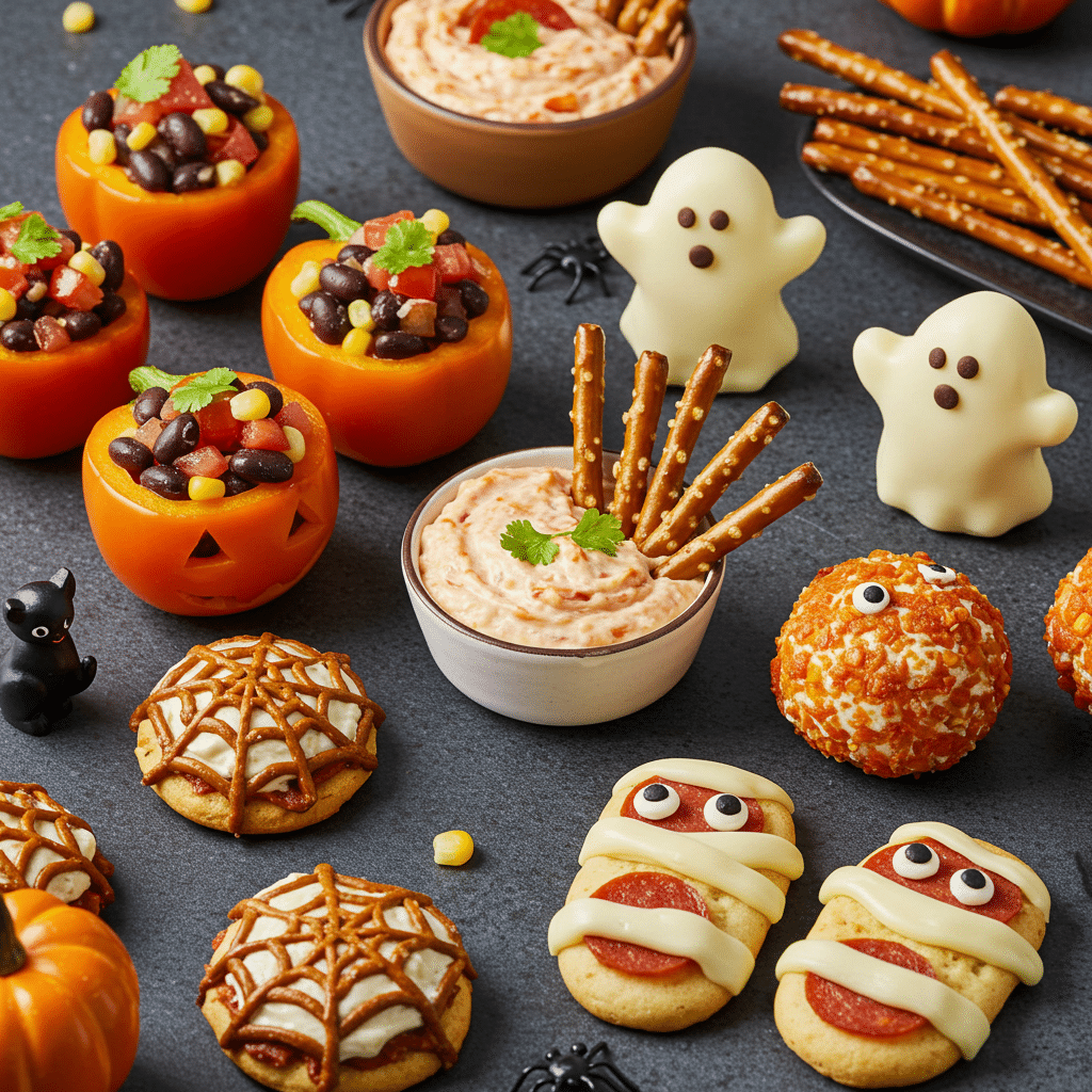 Spooky & Fun Halloween Appetizers 3 Spooky & Fun Halloween Appetizers with mummy cookies, cheese balls, stuffed peppers, and a spider dip