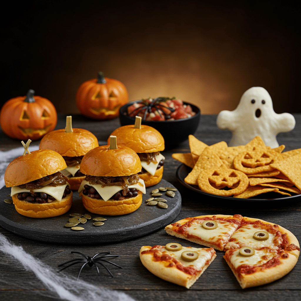 Spooky & Fun Halloween Appetizers 5 Spooky & Fun Halloween Appetizers with pumpkin sliders, ghost decorations, and olive pizza