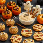 Spooky & Fun Halloween Appetizers with jack-o’-lantern peppers, ghost treats, and web cookies