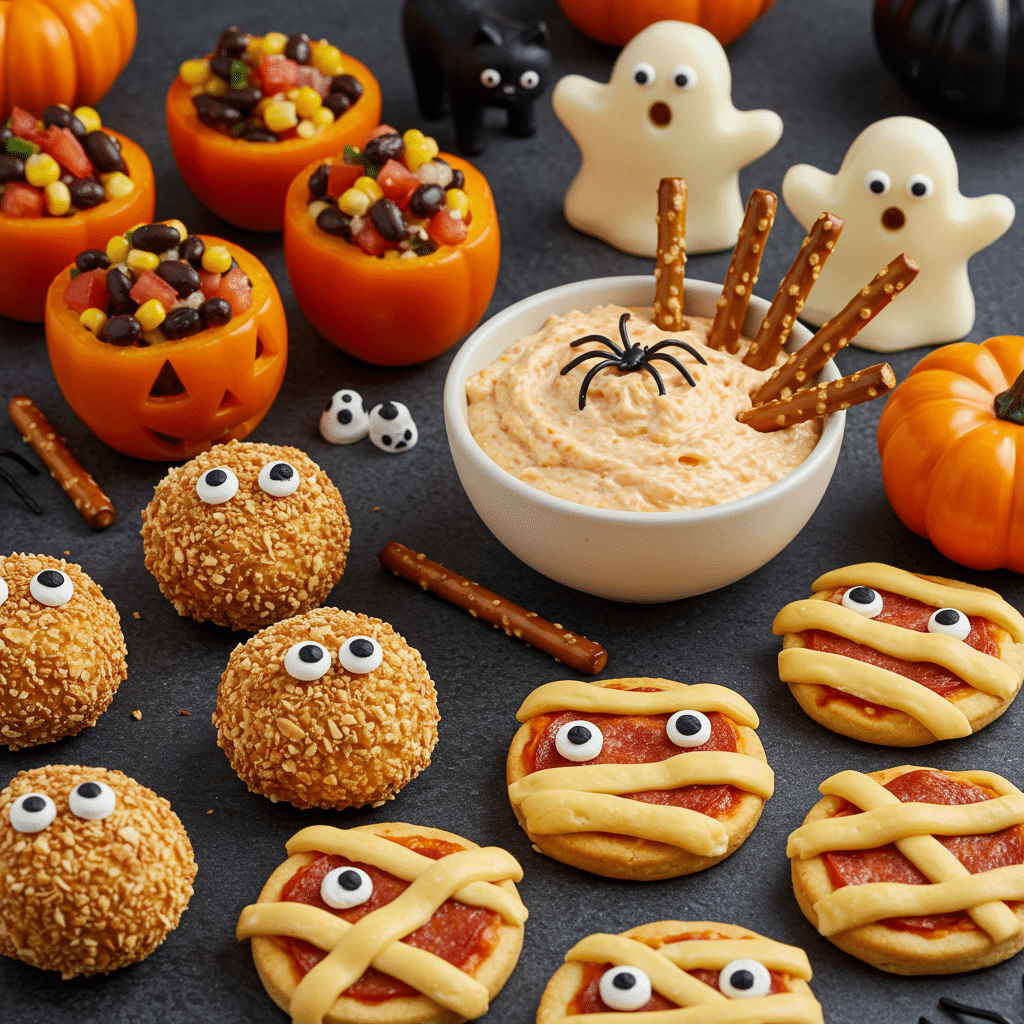 Spooky & Fun Halloween Appetizers 1 Spooky & Fun Halloween Appetizers with jack-o’-lantern peppers, ghost treats, and web cookies
